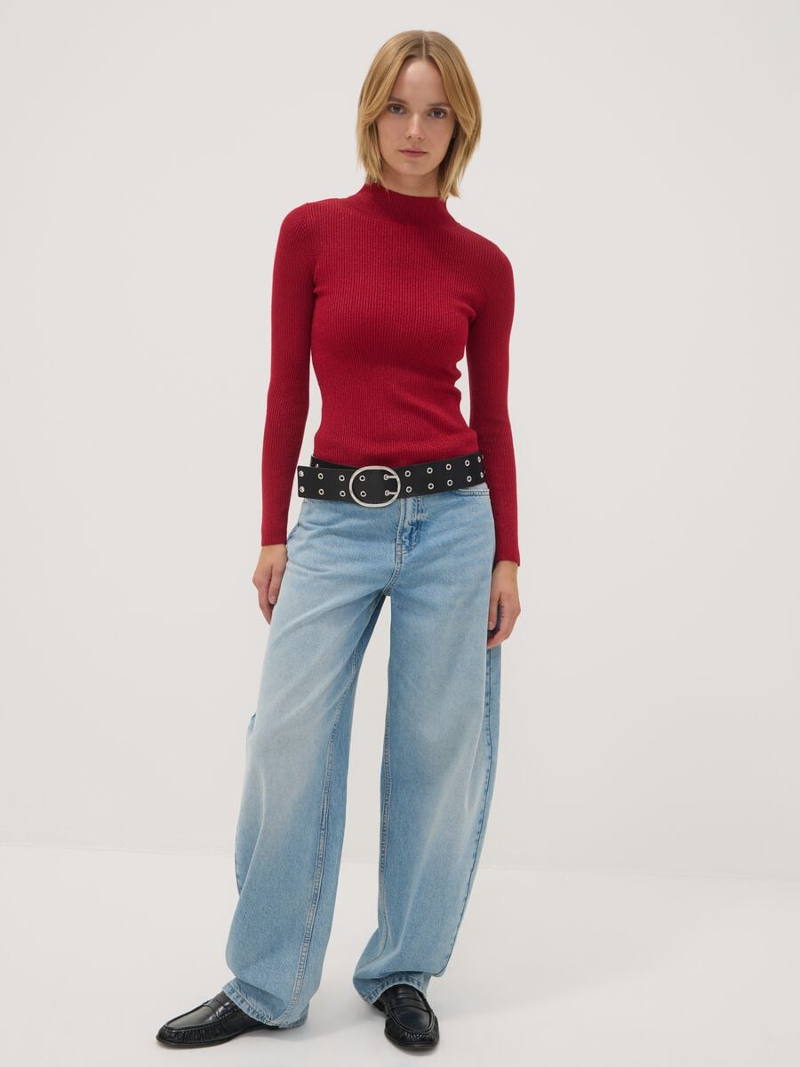 Red ribbed viscose-blend top with high neck_2
