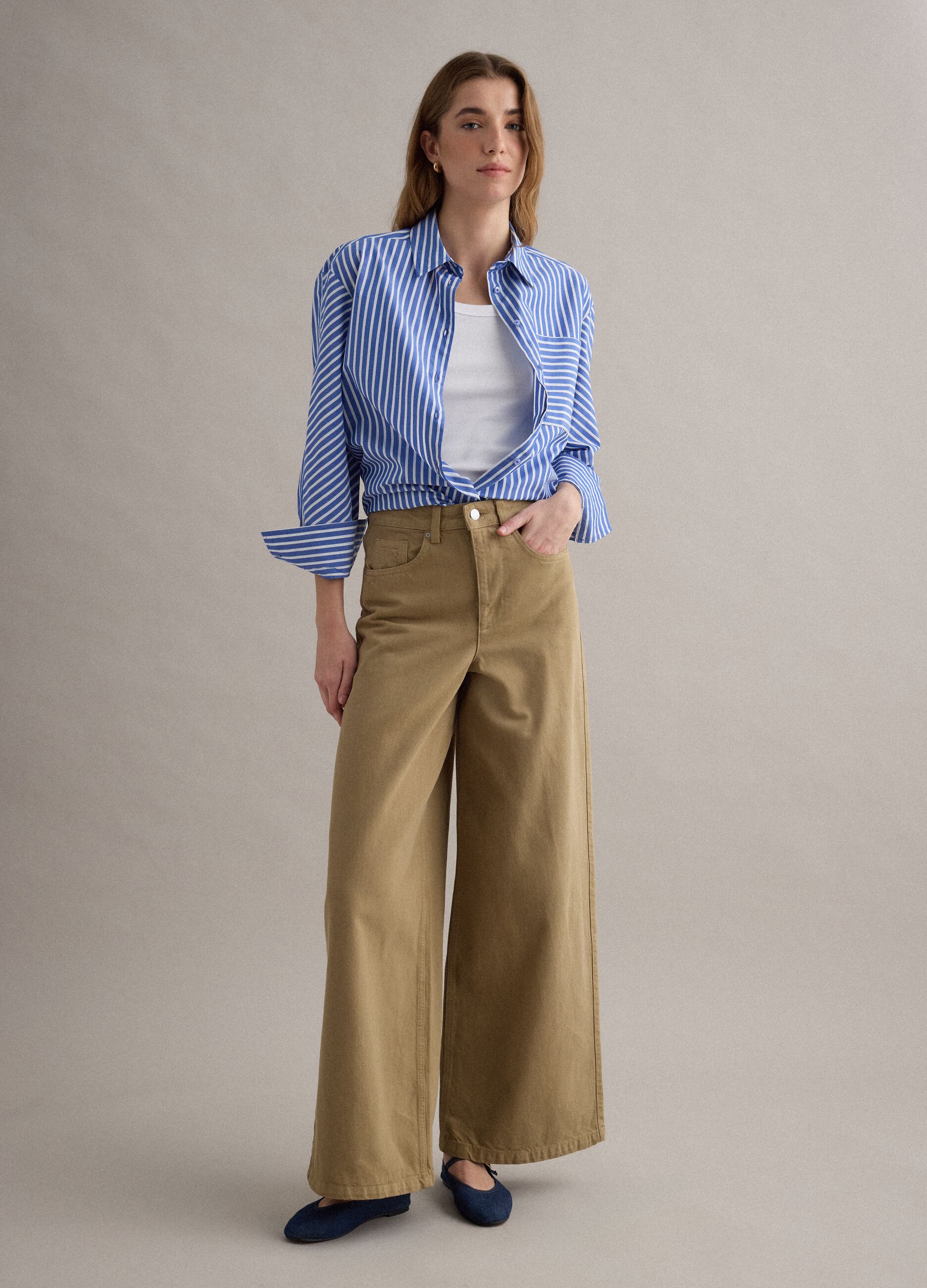 Beige wide-leg denim cotton jeans