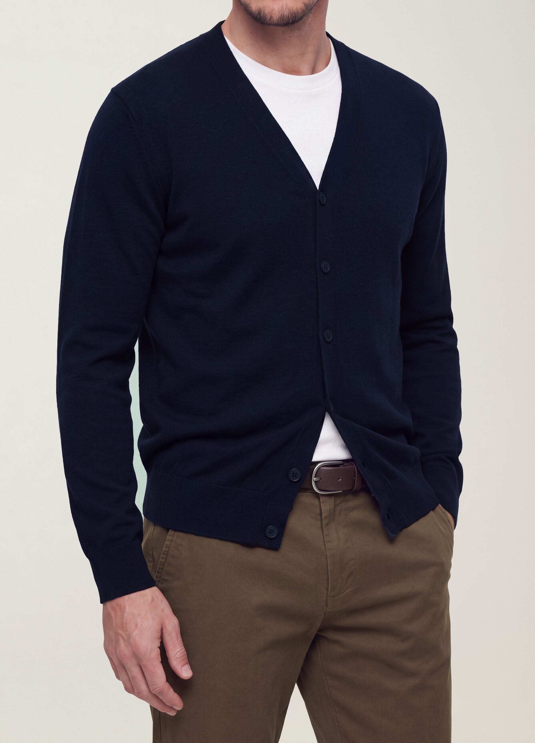 C&aacute;rdigan azul en mezcla de viscosa con cuello pico, corte regular
