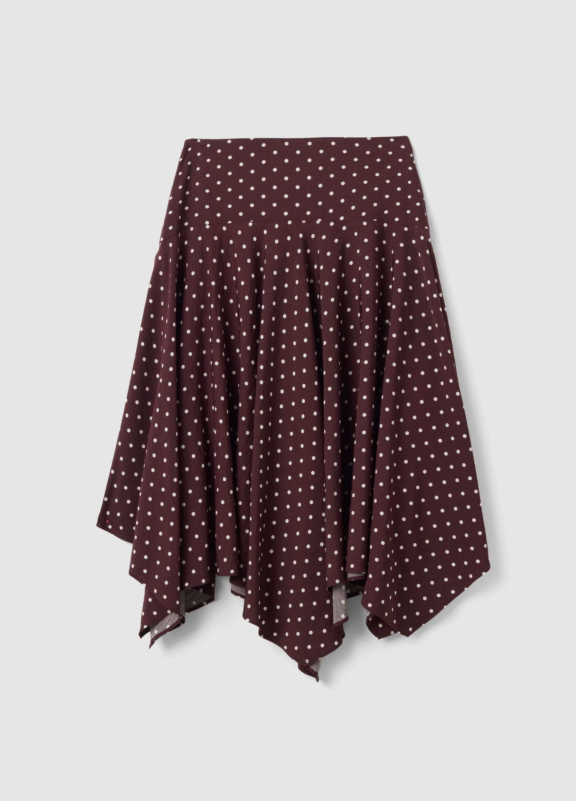 Brown polka-dot skirt in viscose blend with asymmetric hem