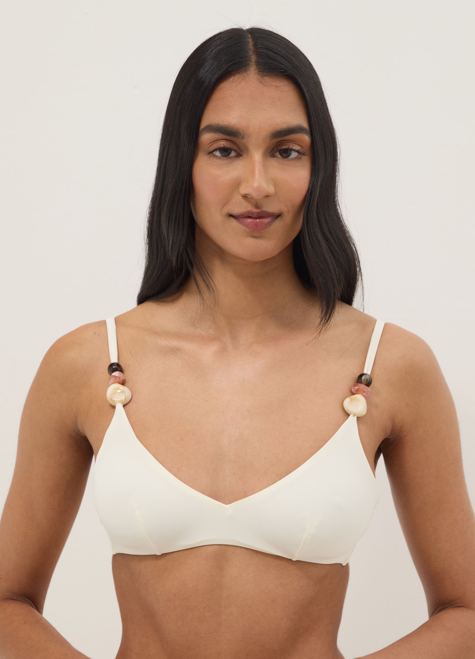 White stretch-fabric bikini top with embellished straps