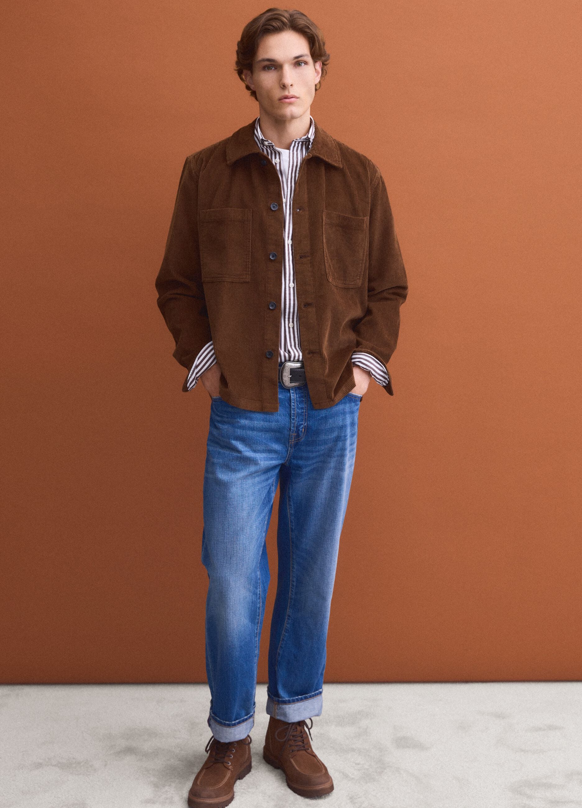 Brown ribbed pure cotton shacket with buttons