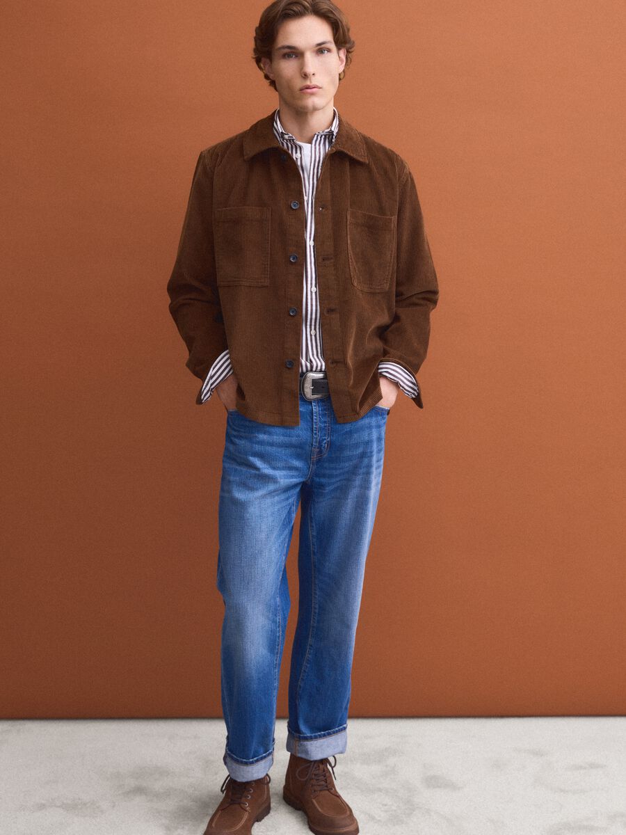 Brown ribbed pure cotton shacket with buttons_2