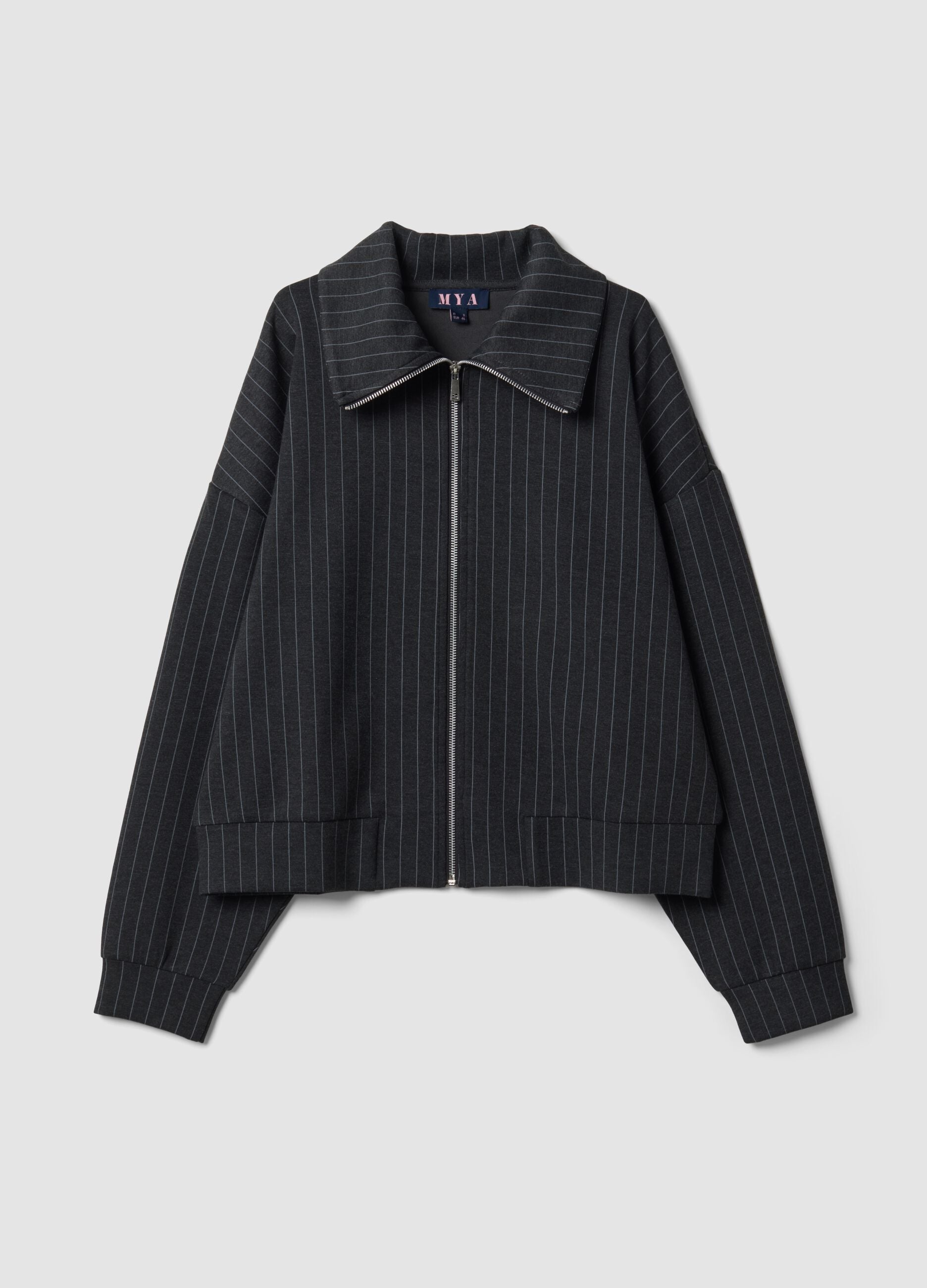 Felpa full zip grigia in viscosa elasticizzata a righe con colletto