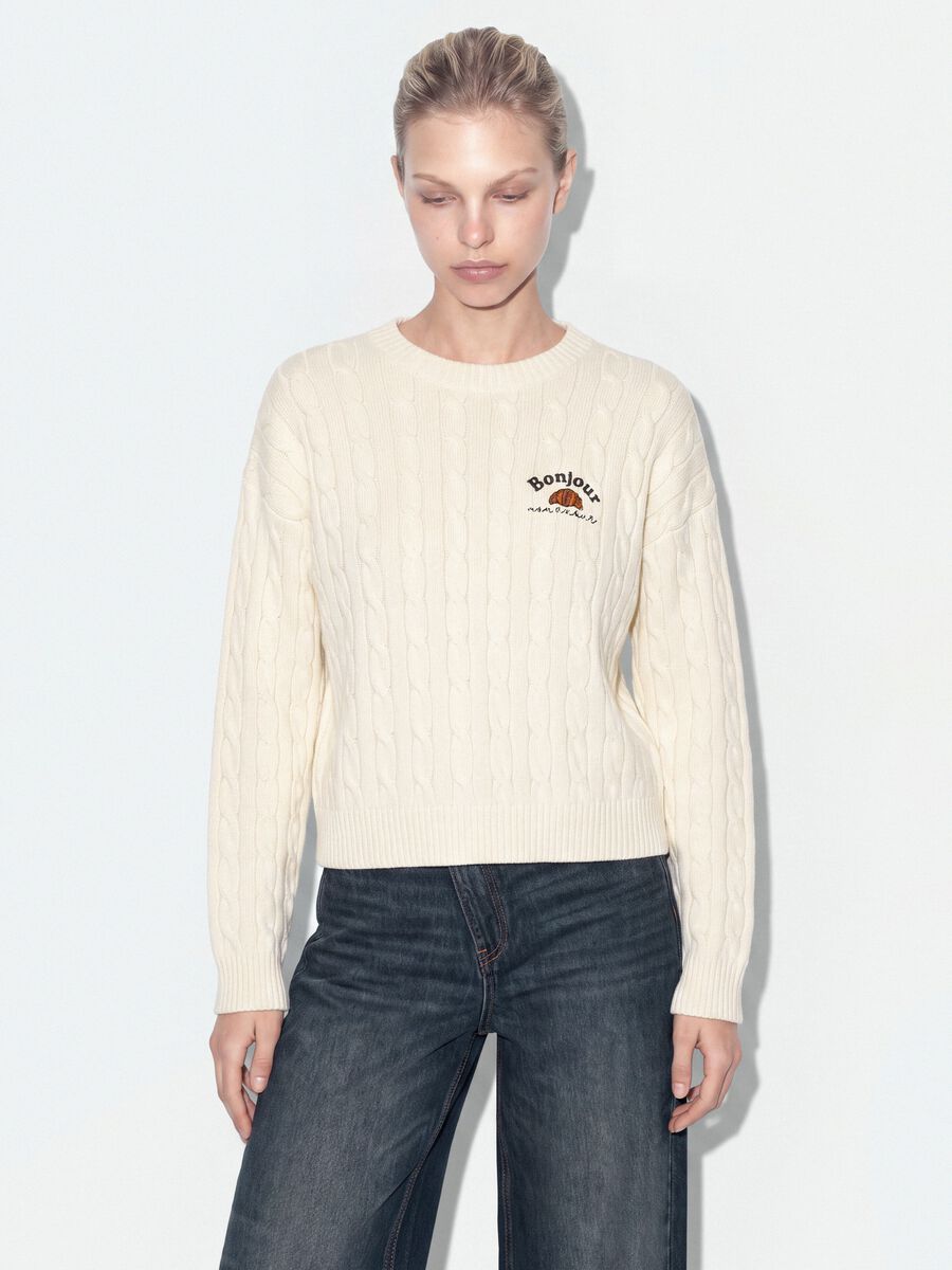 White pure-cotton cable-knit jumper with croissant embroidery_0