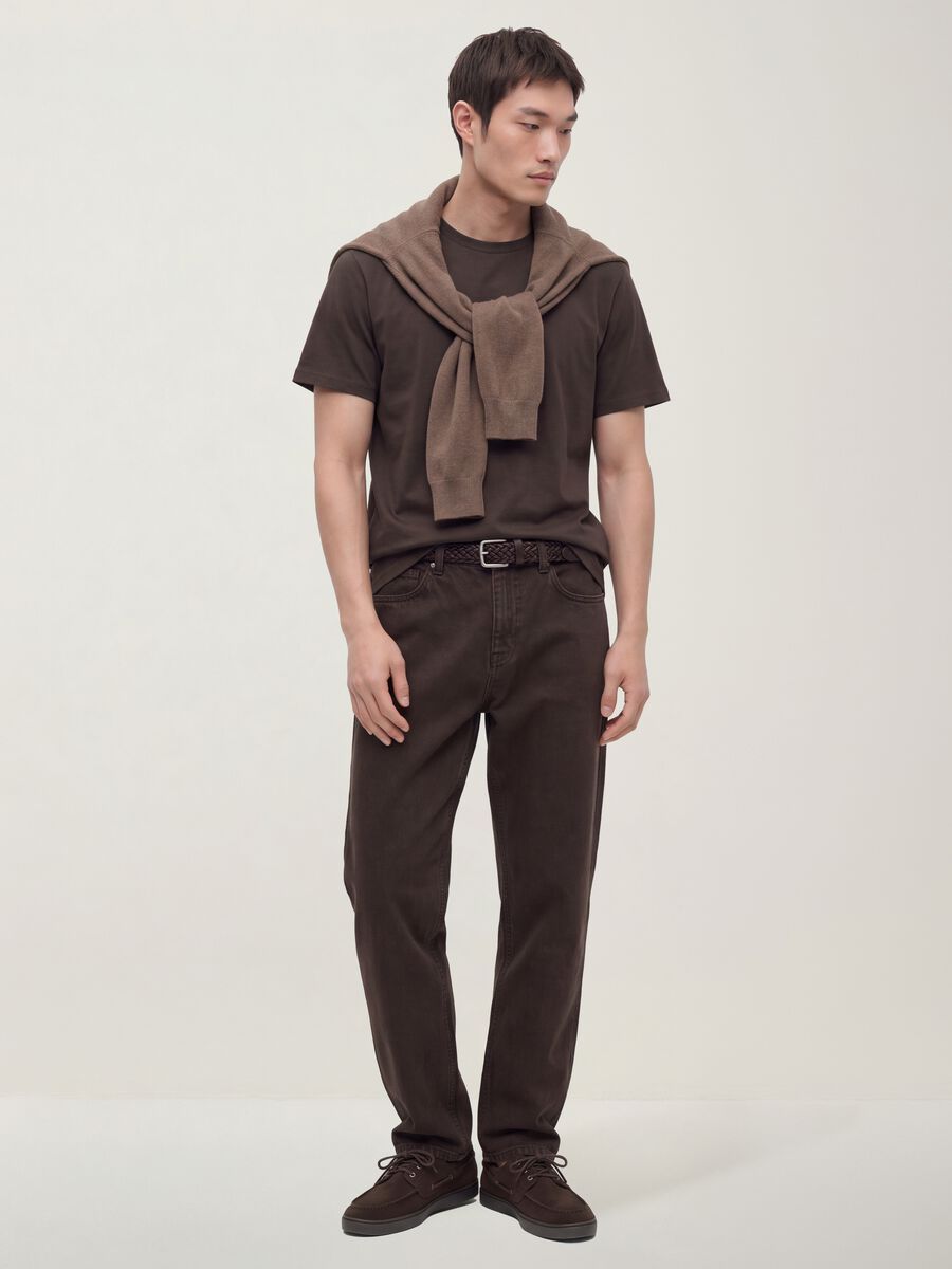 Brown mercerised pure cotton regular-fit crew-neck T-shirt_1