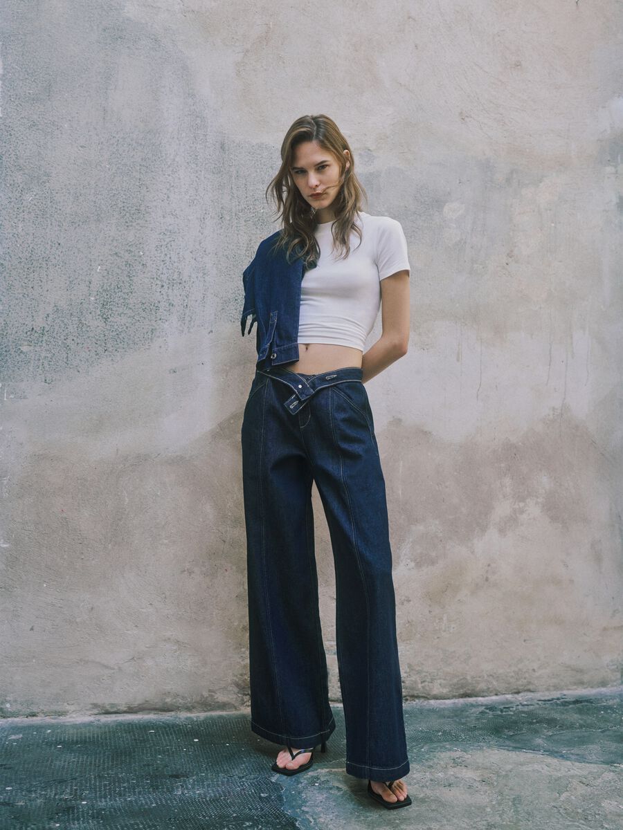 Blue Denim Wide Leg Trousers in Cotton Blend_0