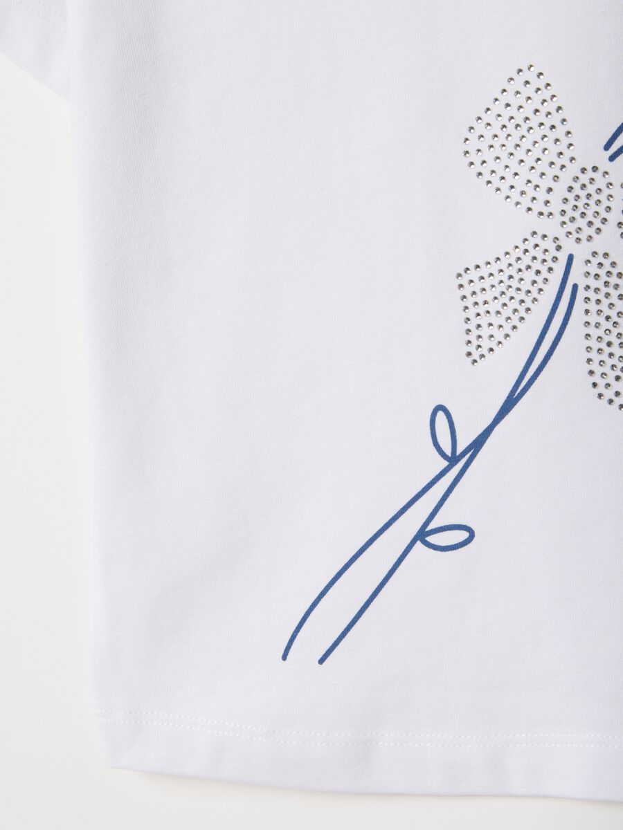 Girls' white stretch cotton T-shirt with regular fit and rhinestones_3