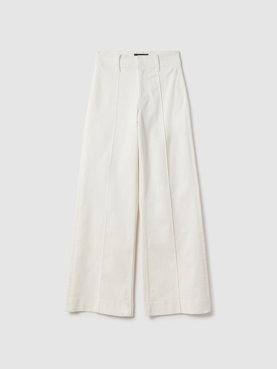 White wide leg stretch cotton trousers_4