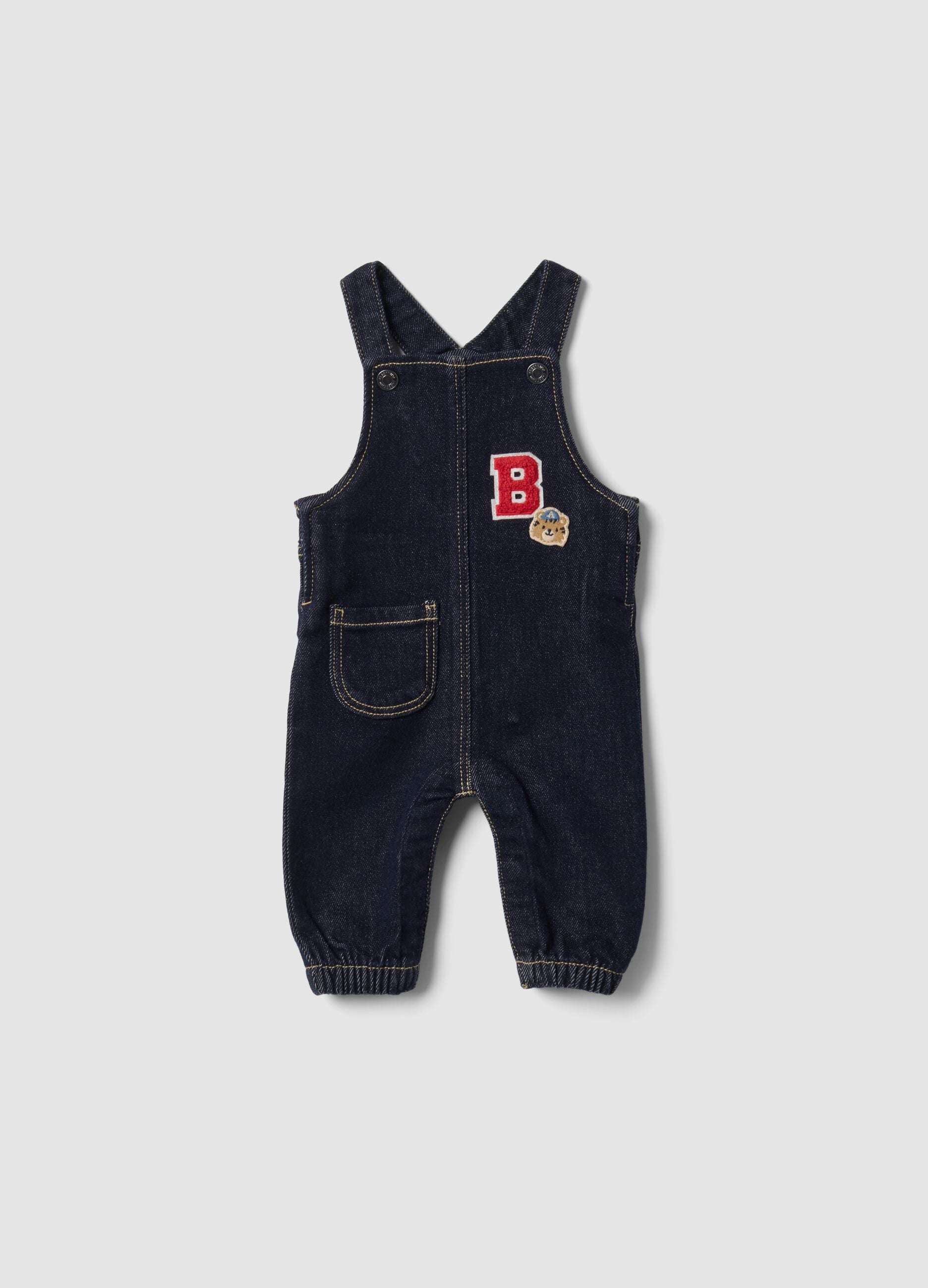 Blue stretch cotton dungarees with teddy bear embroidery for baby