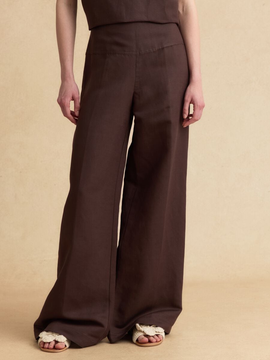 Brown linen-viscose blend wide-leg trousers with side zip fastening_1