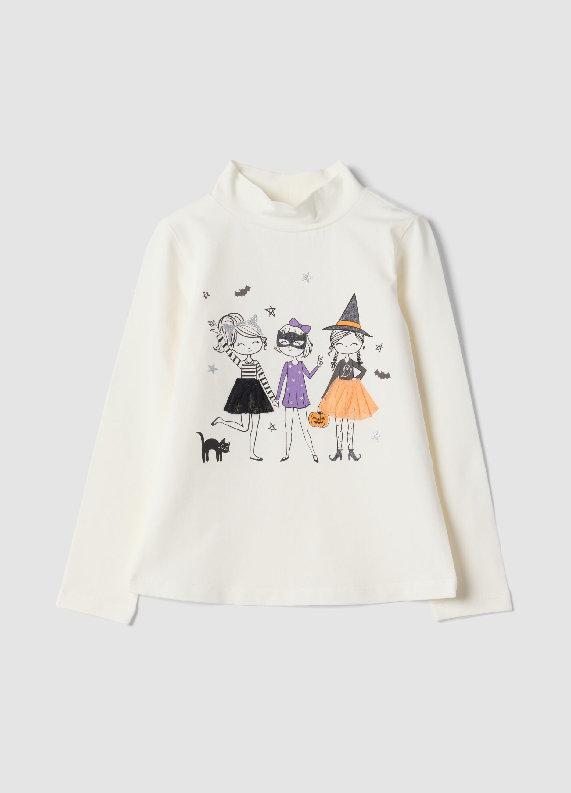T-shirt bianca in cotone elasticizzato con Collo rialzato