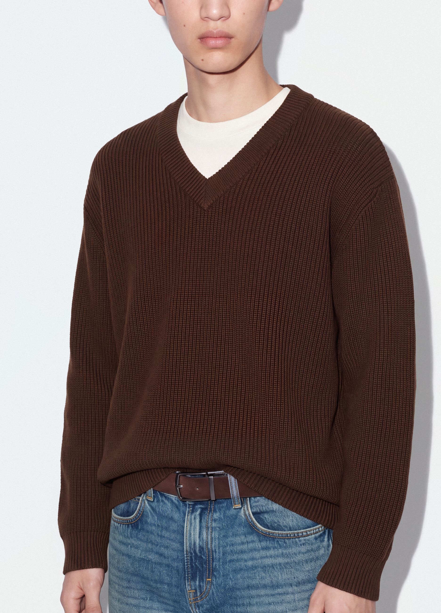 Maglia marrone in puro cotone con scollo profondo a V regular fit