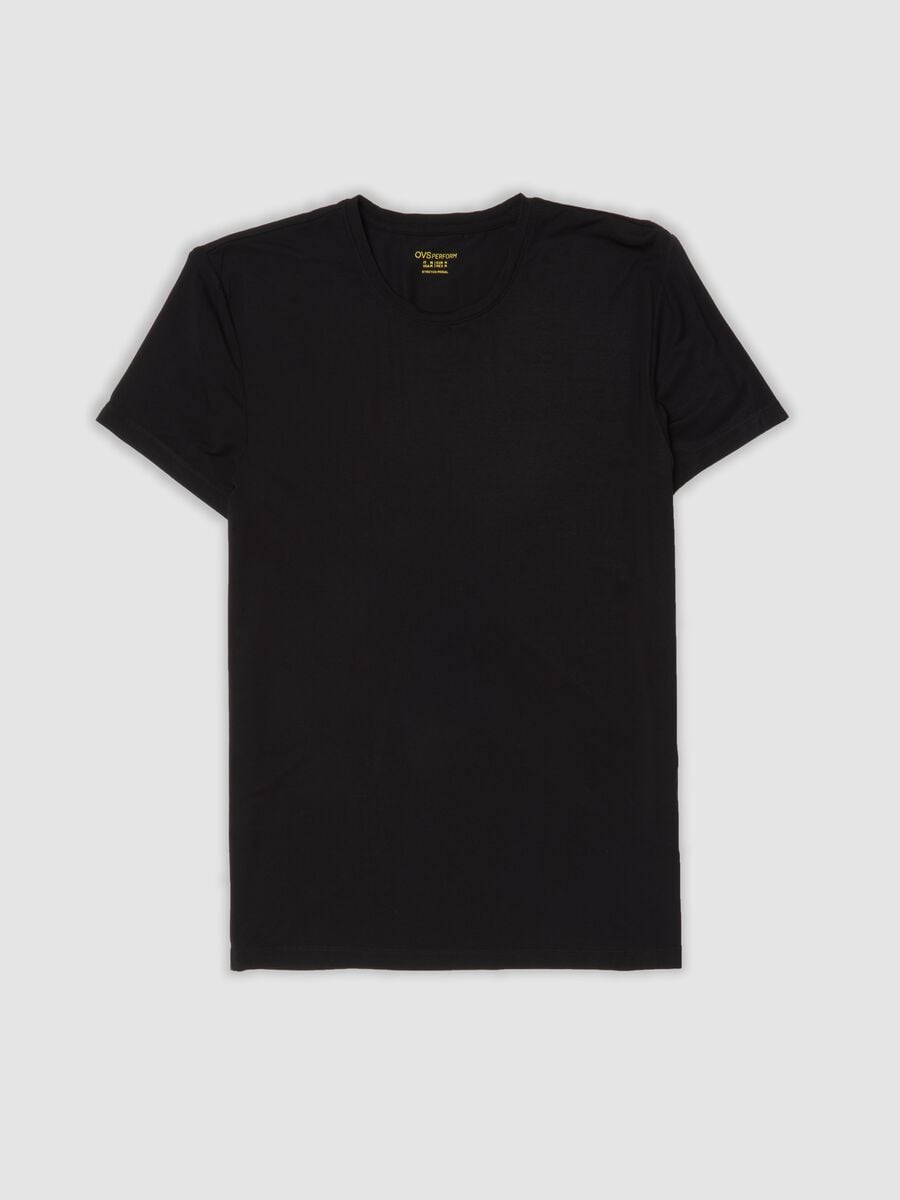 Schwarzes T-Shirt aus elastischem Modal mit Rundhalsausschnitt_0