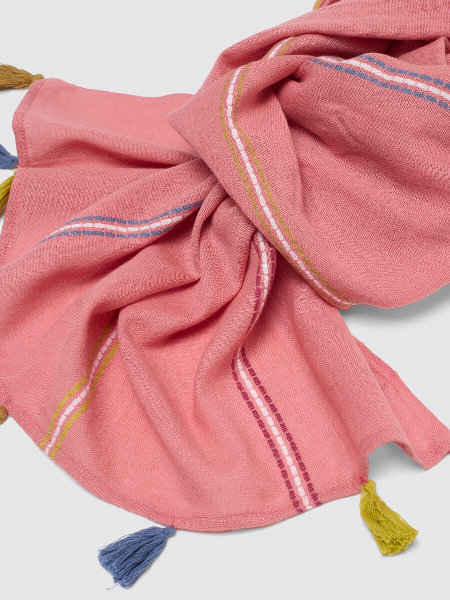 Pink pure cotton scarf with multicolour fringes_2