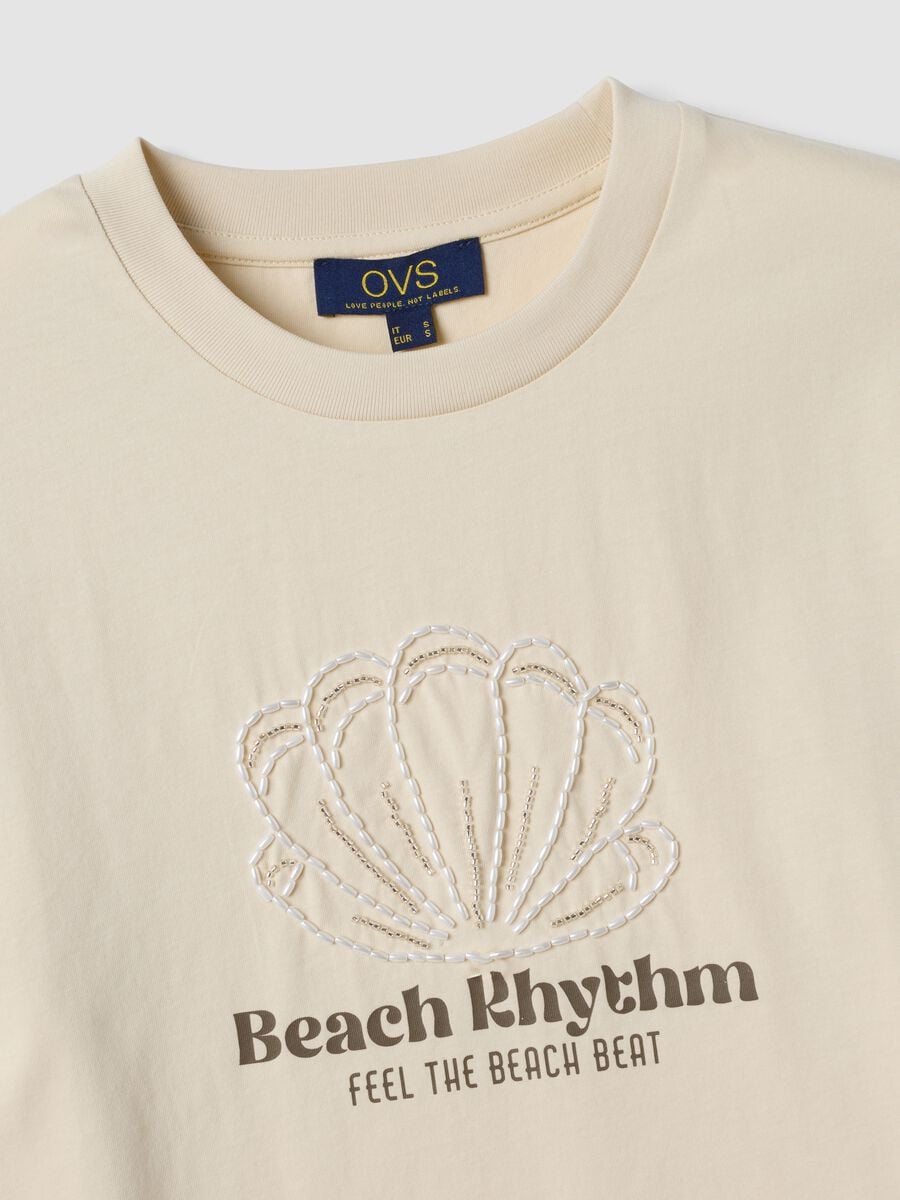 Beige short-sleeved pure cotton T-shirt with embroidery_5