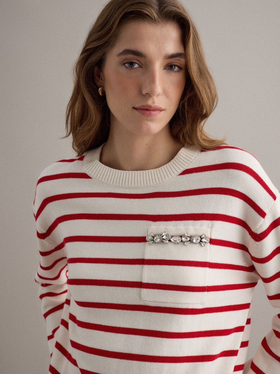 Beige jumper with red stripes in pure cotton regular fit_0