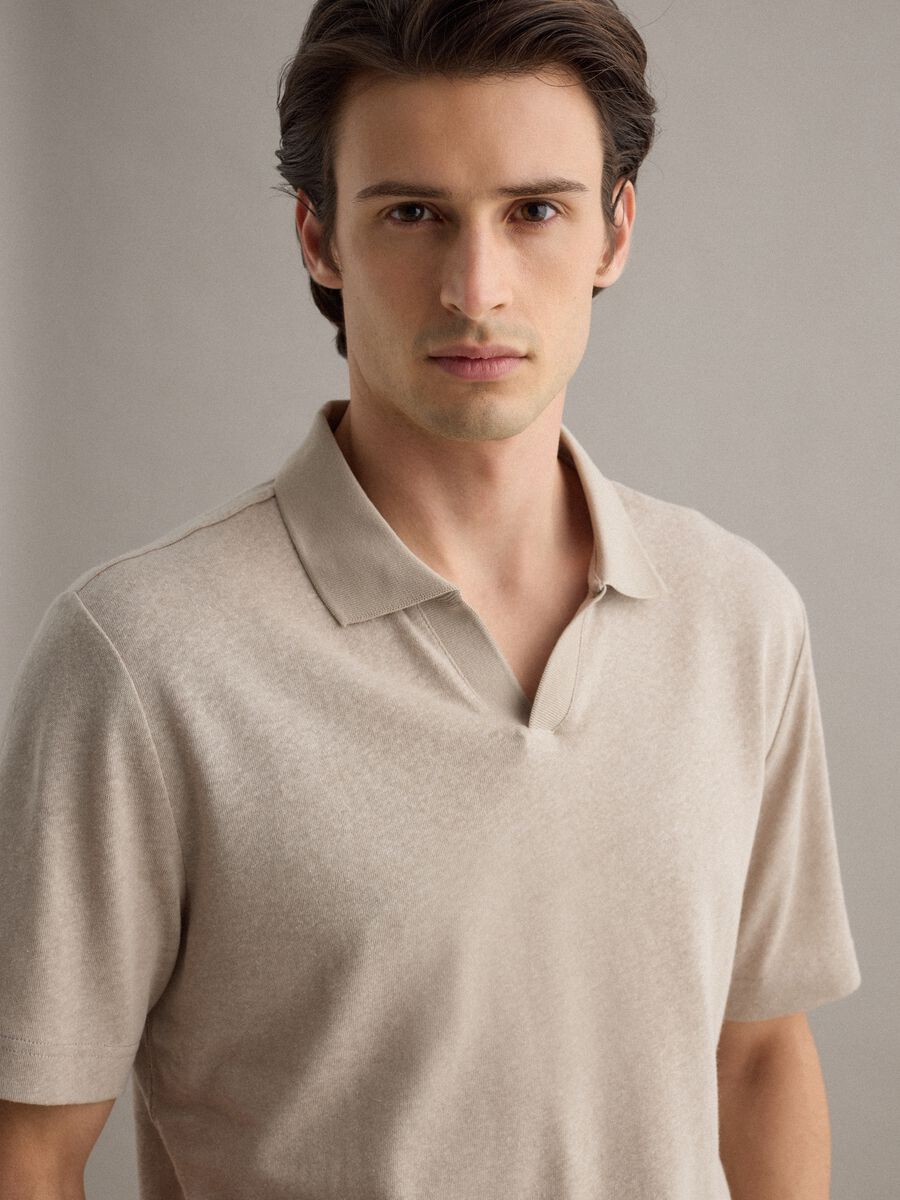 Beige linen and cotton blend polo regular fit_0