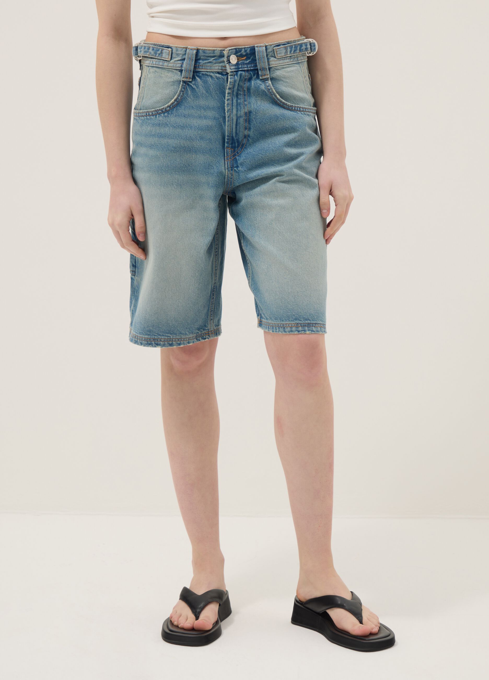 Light blue pure cotton denim Bermuda shorts, baggy fit