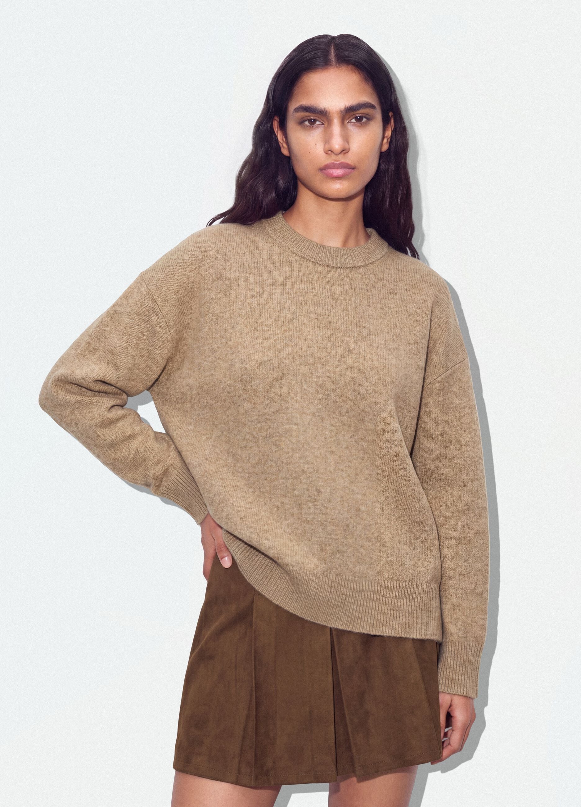 Beige stretch wool crew-neck jumper, oversized fit