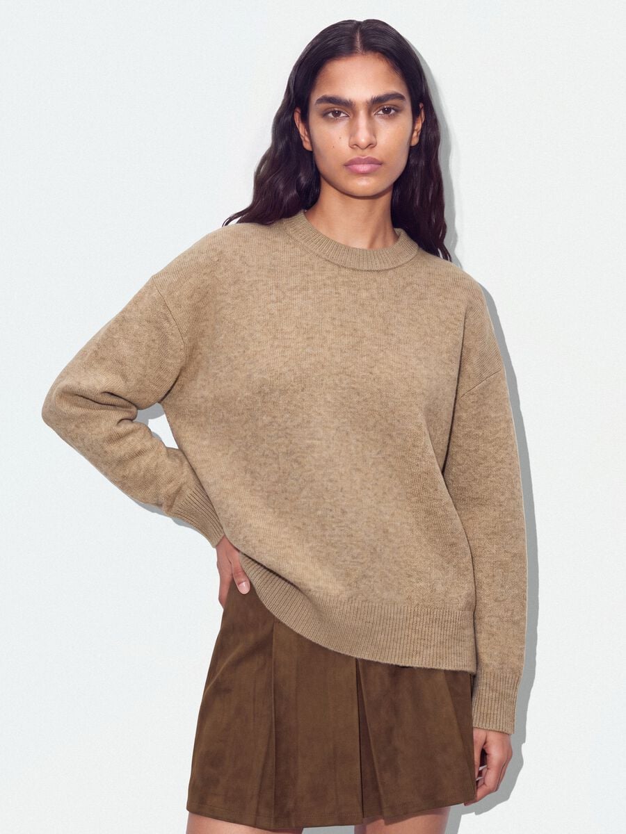 Beige stretch wool crew-neck jumper, oversized fit_0