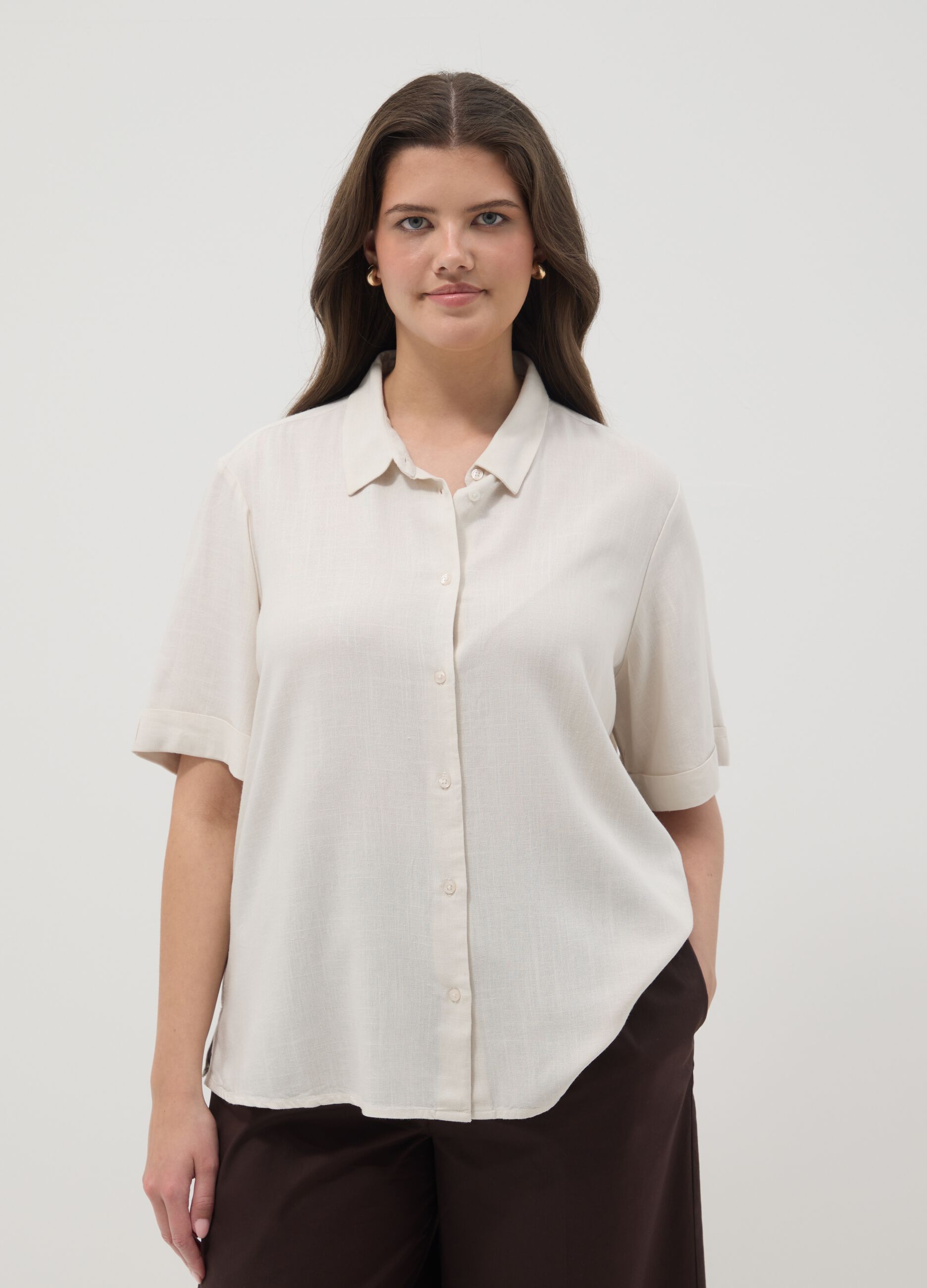 White viscose-linen blend shirt, regular fit