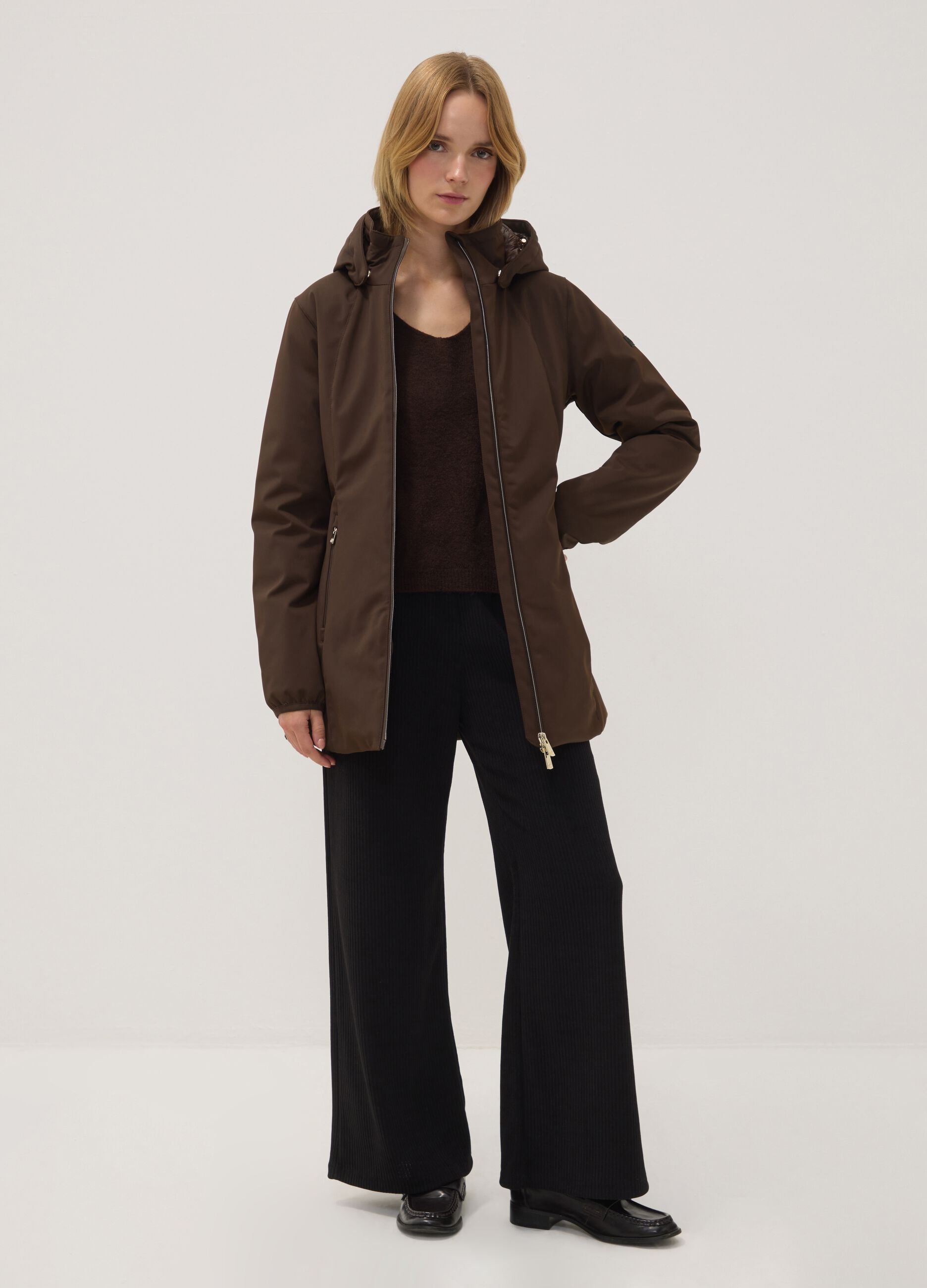 Brown stretch-fabric parka with hood, regular fit