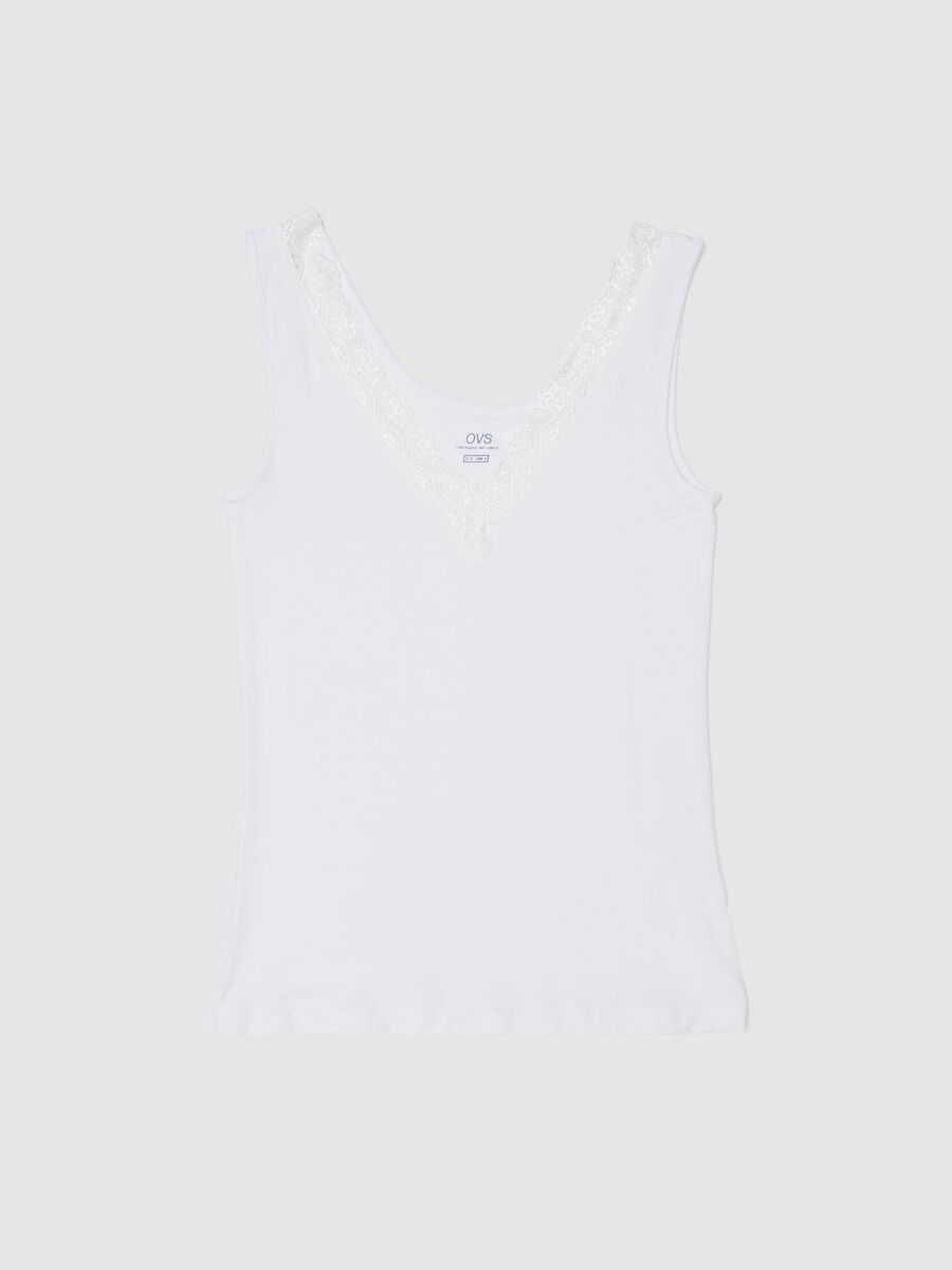 White stretch viscose vest top regular fit deep V with lace_4