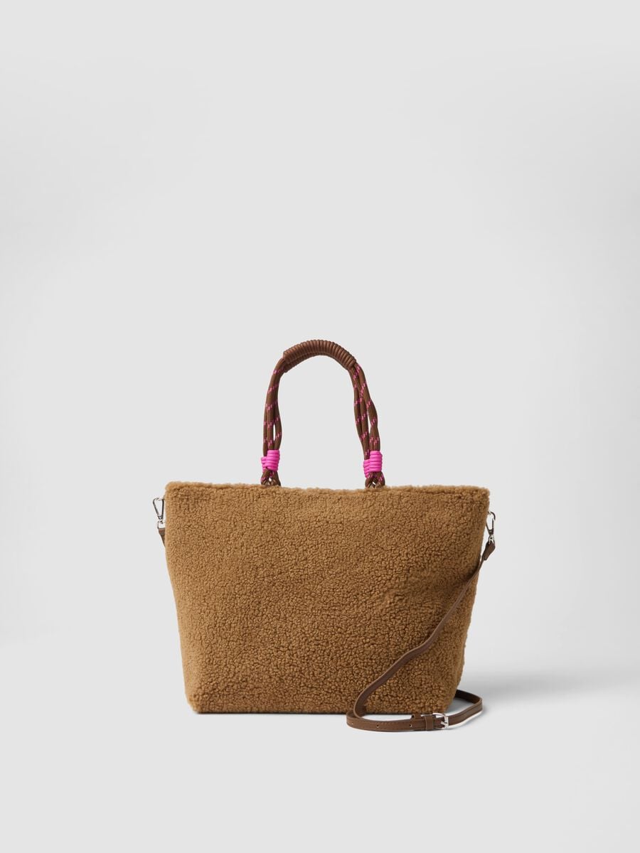 Borsa a mano marrone effetto teddy con tracolla_0