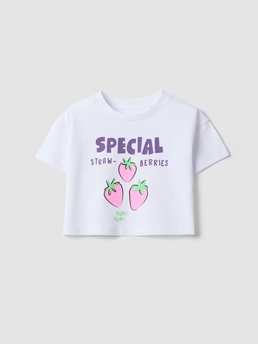 White pure cotton T-shirt with strawberry print for girls_0