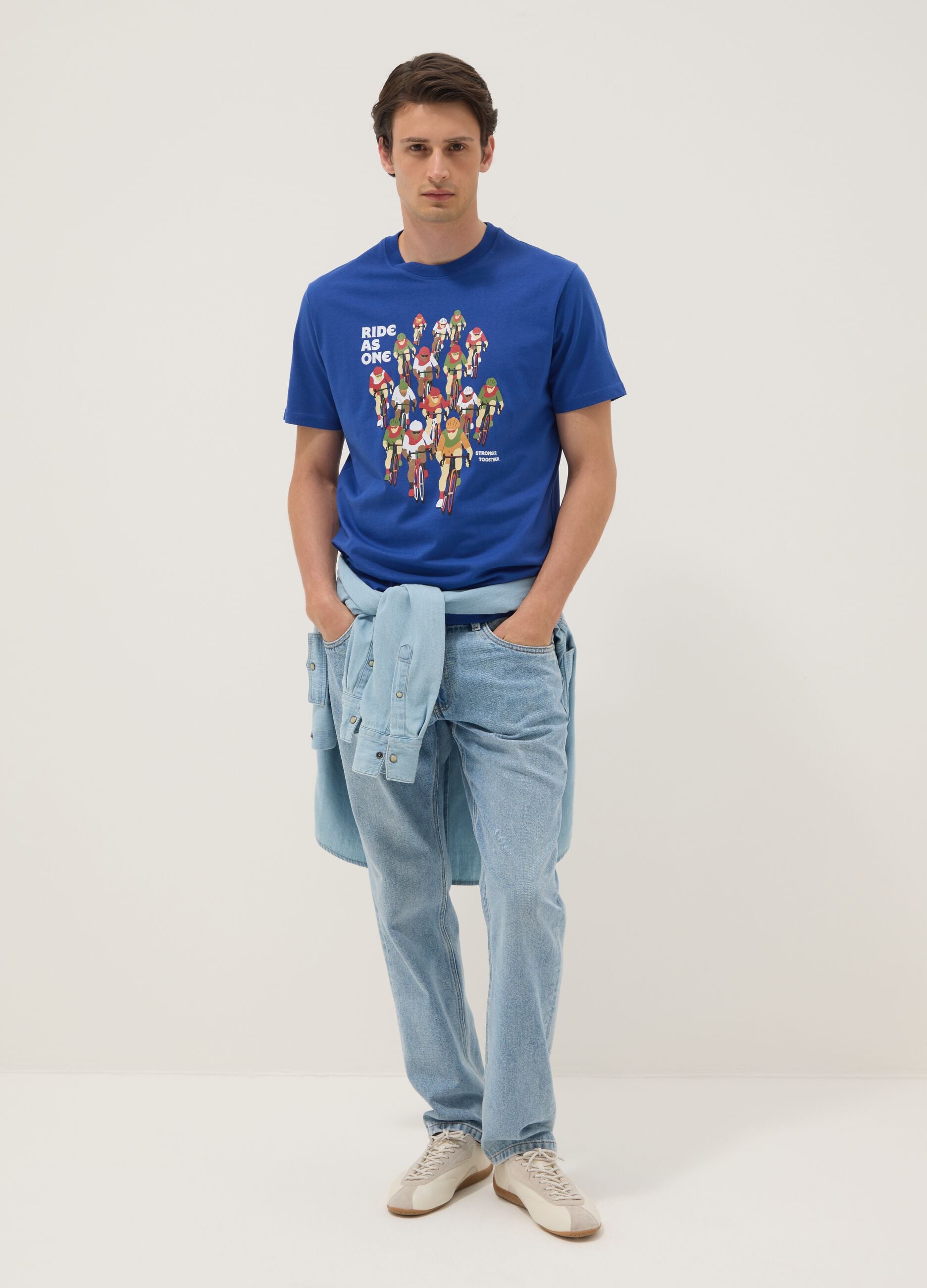 Blaues T-Shirt aus reiner Baumwolle mit Print, Regular Fit