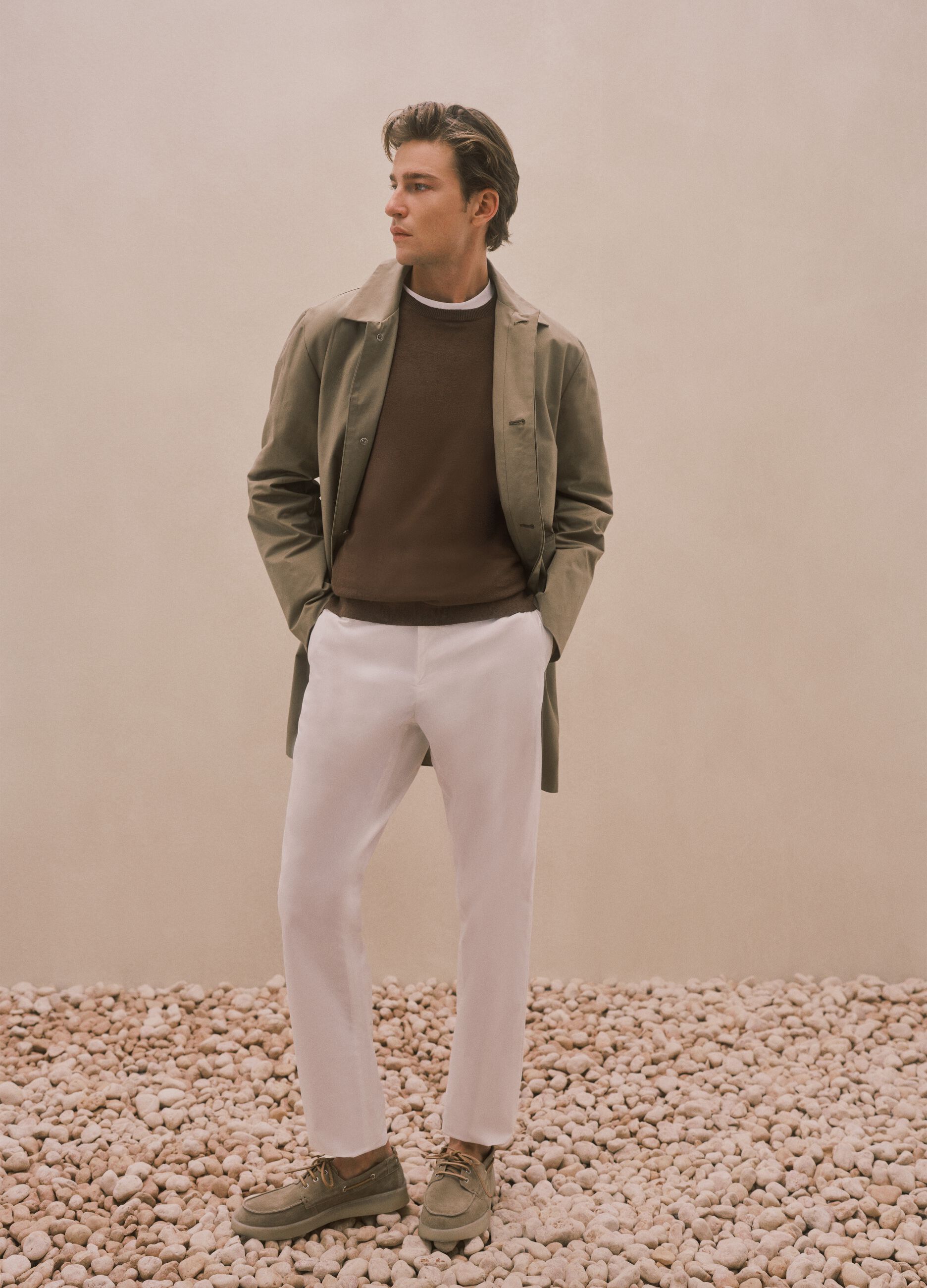 Beige regular fit trench coat with button closure