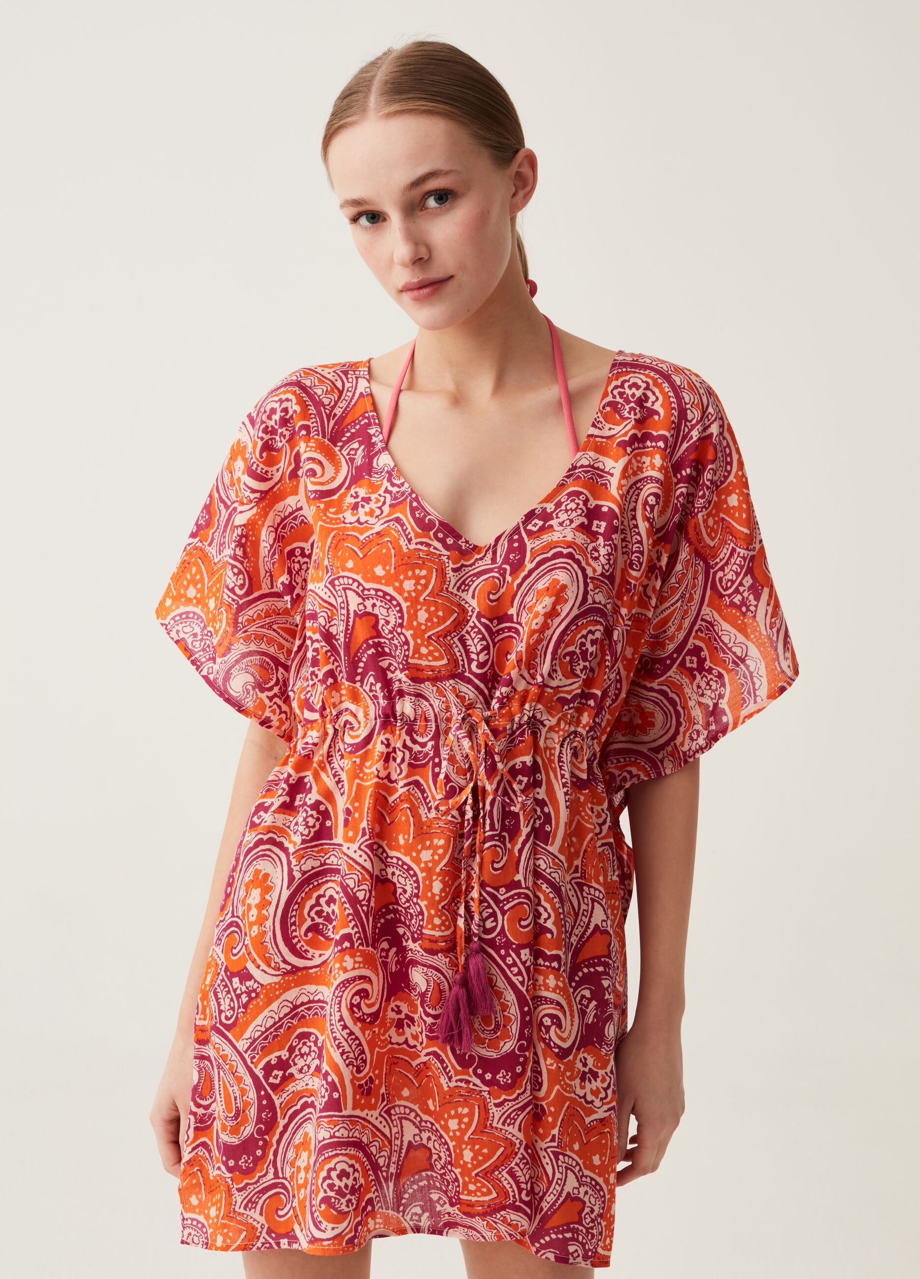 Beach cover-up poncho with cashmere print