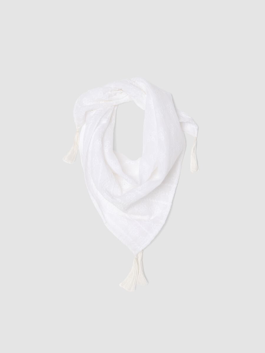 White pure cotton scarf with tassels_0