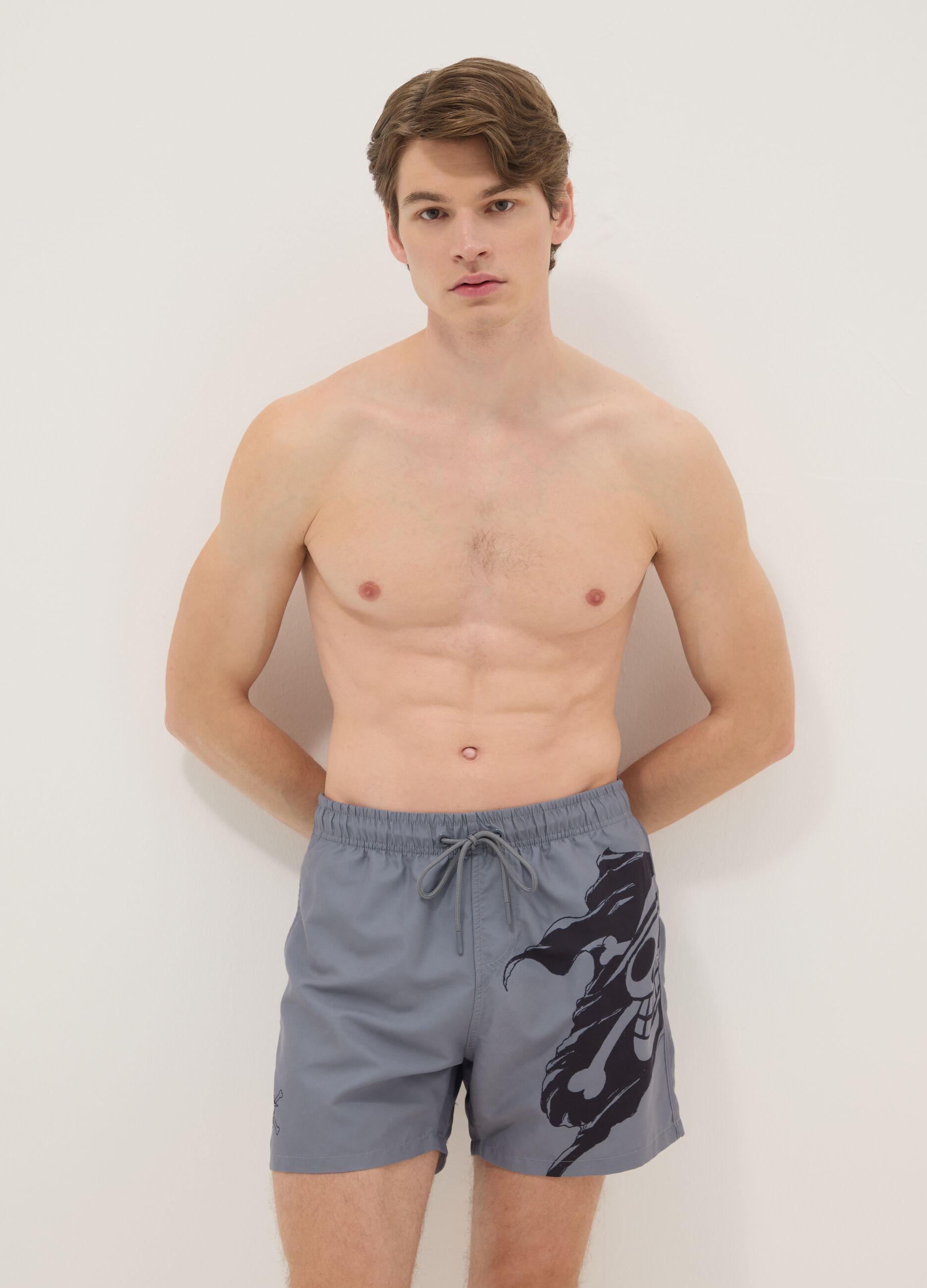 Grey Swim Boxer Shorts with One Piece Print