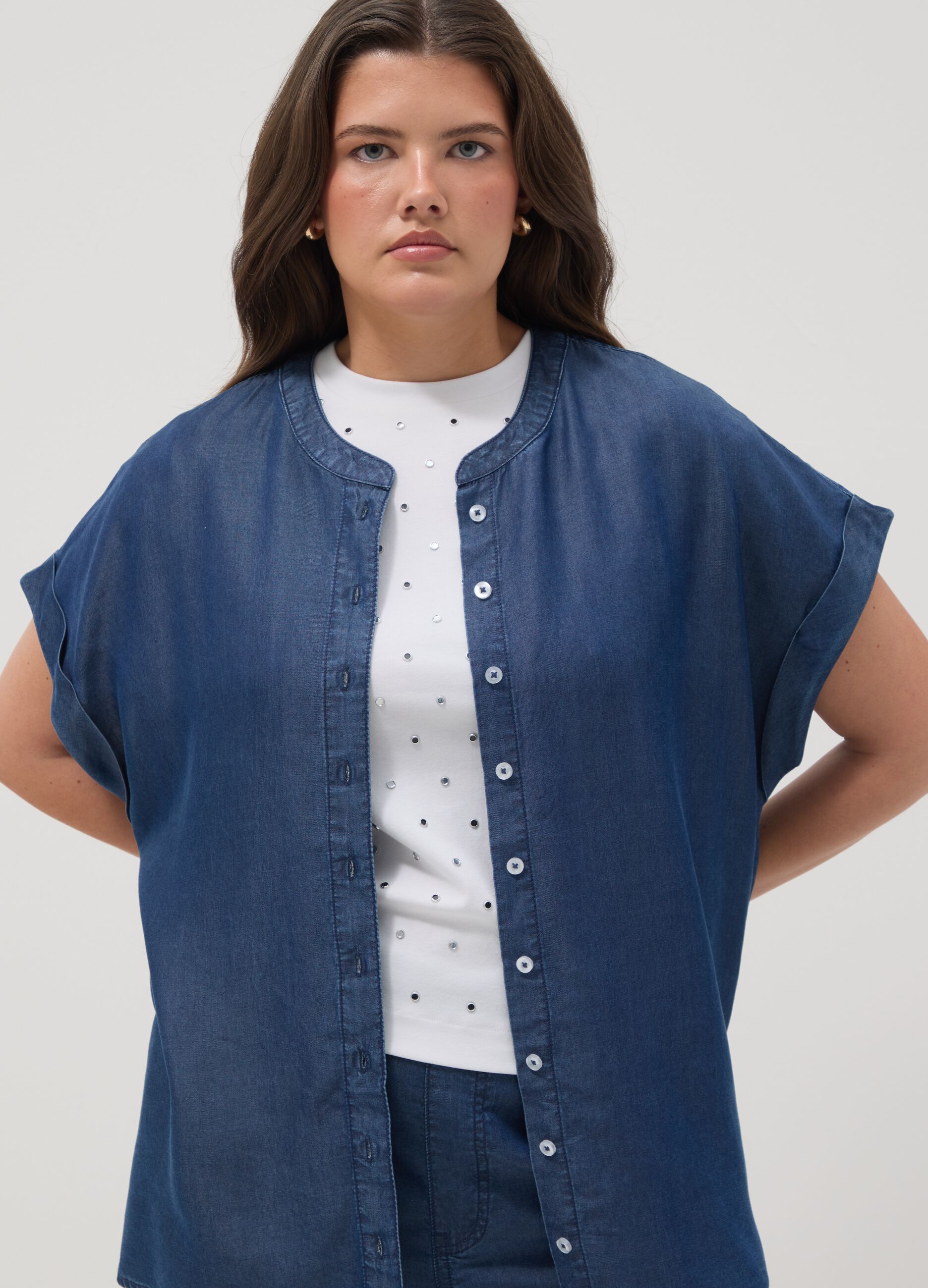 Blaue Regular Fit Hemd aus reinem Lyocell mit Stehkragen