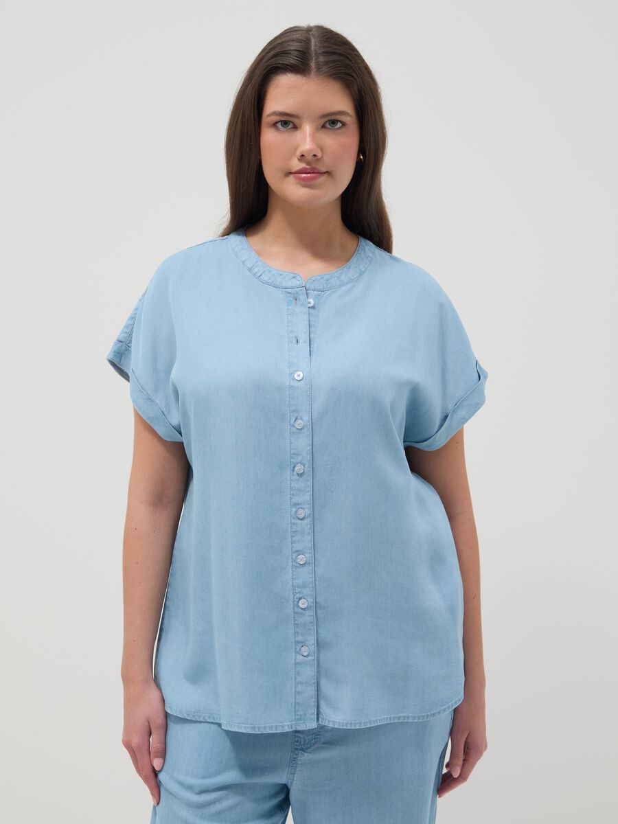 Blaue Bluse aus reinem Lyocell im Regular Fit mit Stehkragen_0