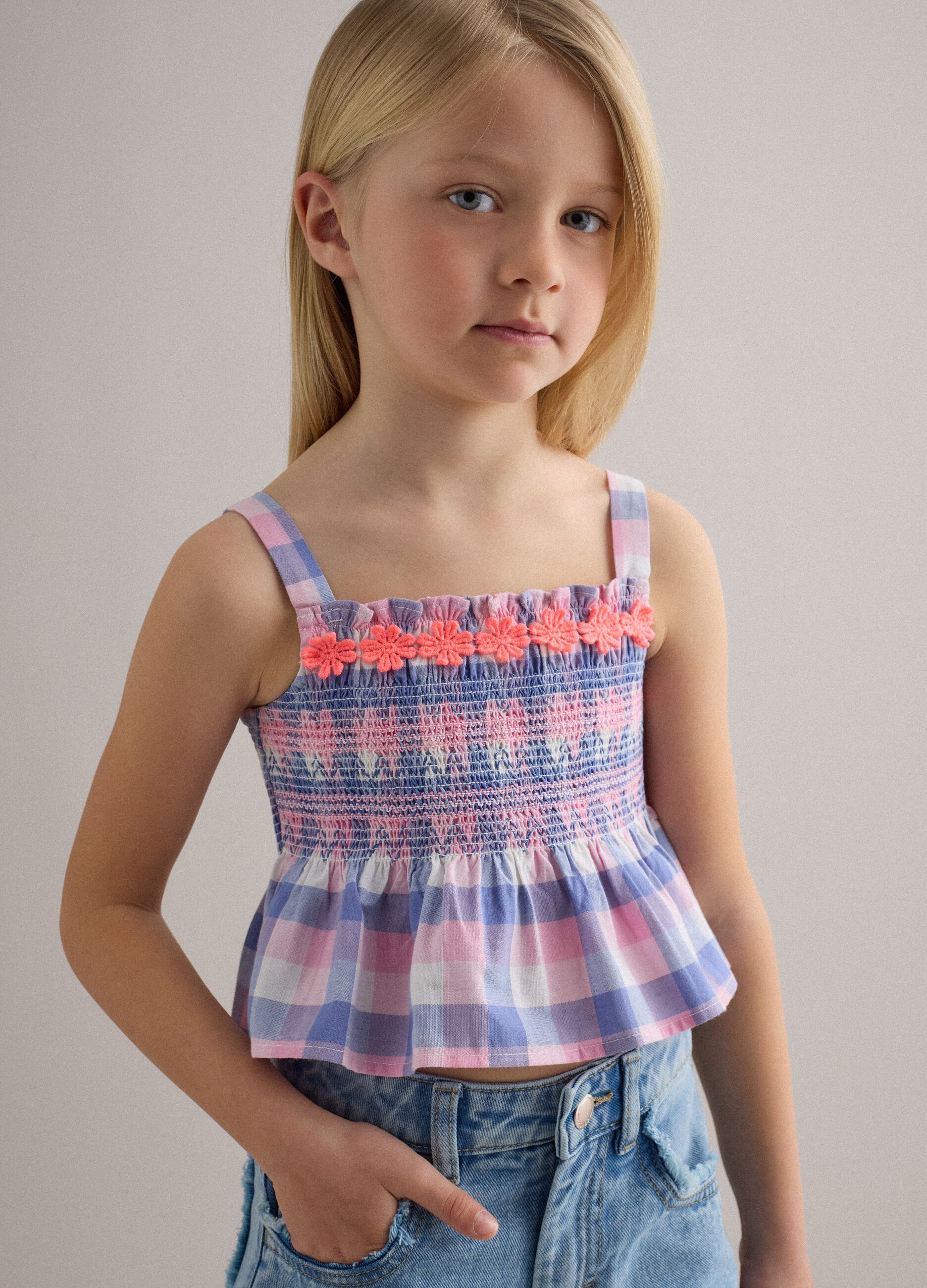 Girls' regular fit multicoloured check pure cotton tank top