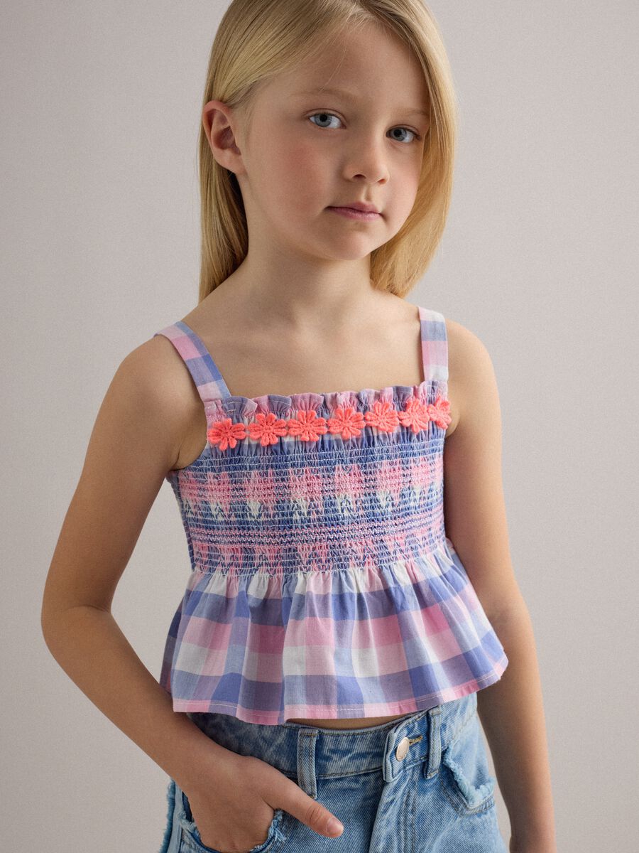 Girls' regular fit multicoloured check pure cotton tank top_0