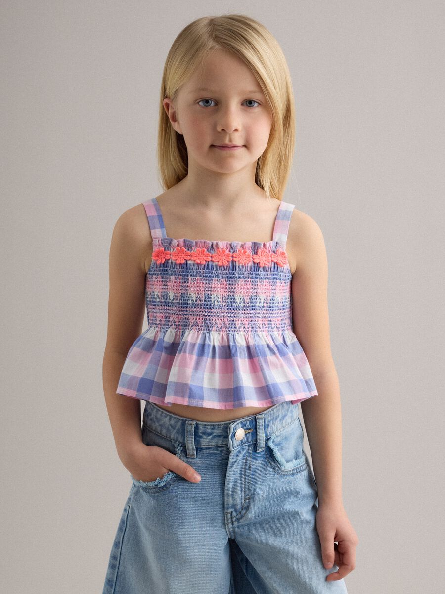 Girls' regular fit multicoloured check pure cotton tank top_1