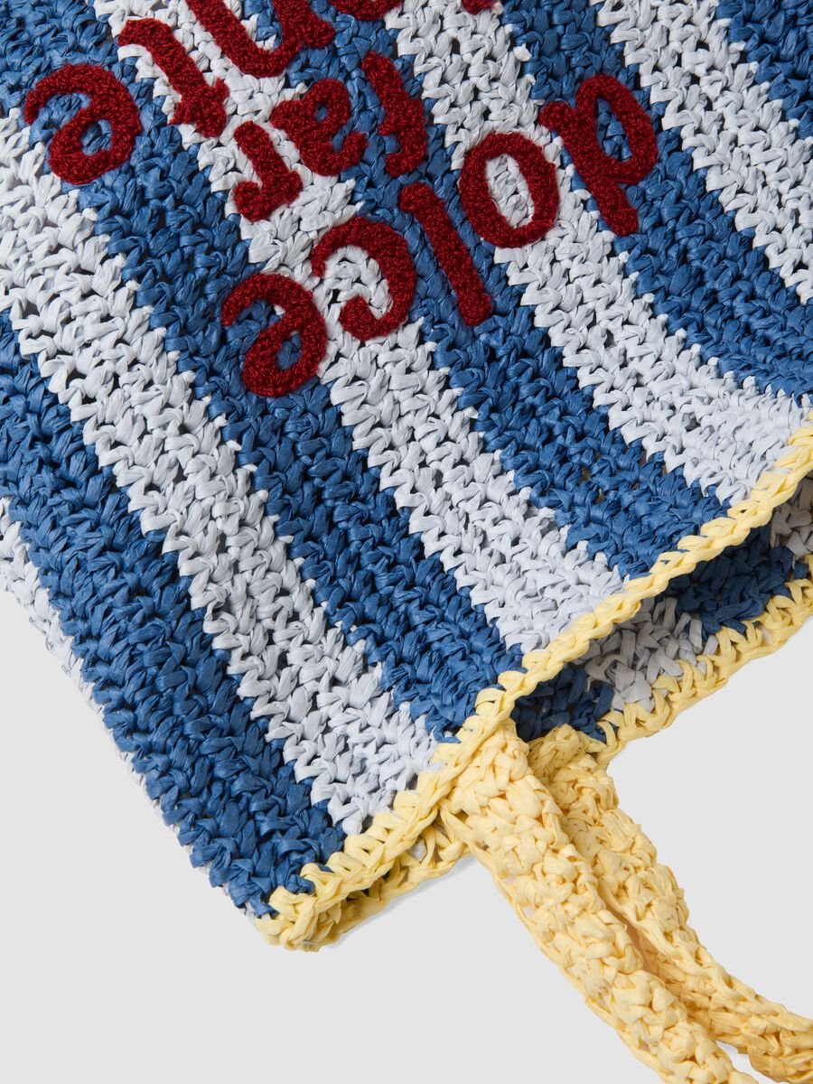 Multicoloured striped beach bag in pure paper fabric with slogan_2