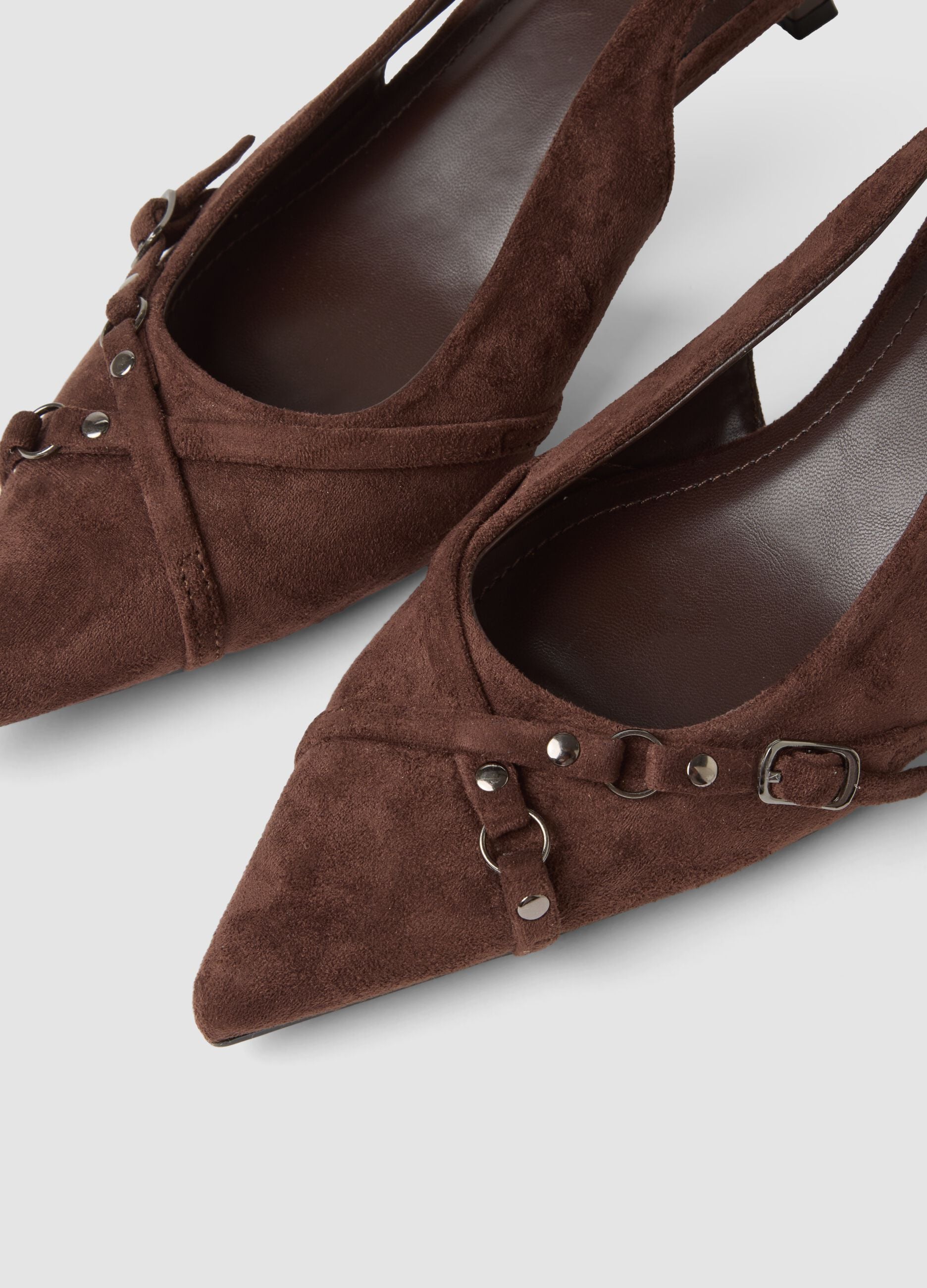 Brown slingback court shoes with heel and buckles