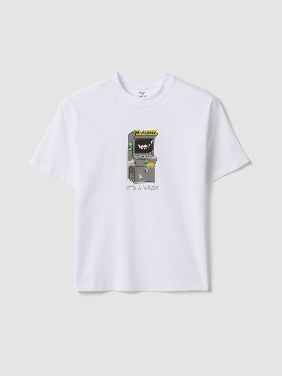 White pure cotton boys&rsquo; T-shirt with oversized fit and print_0