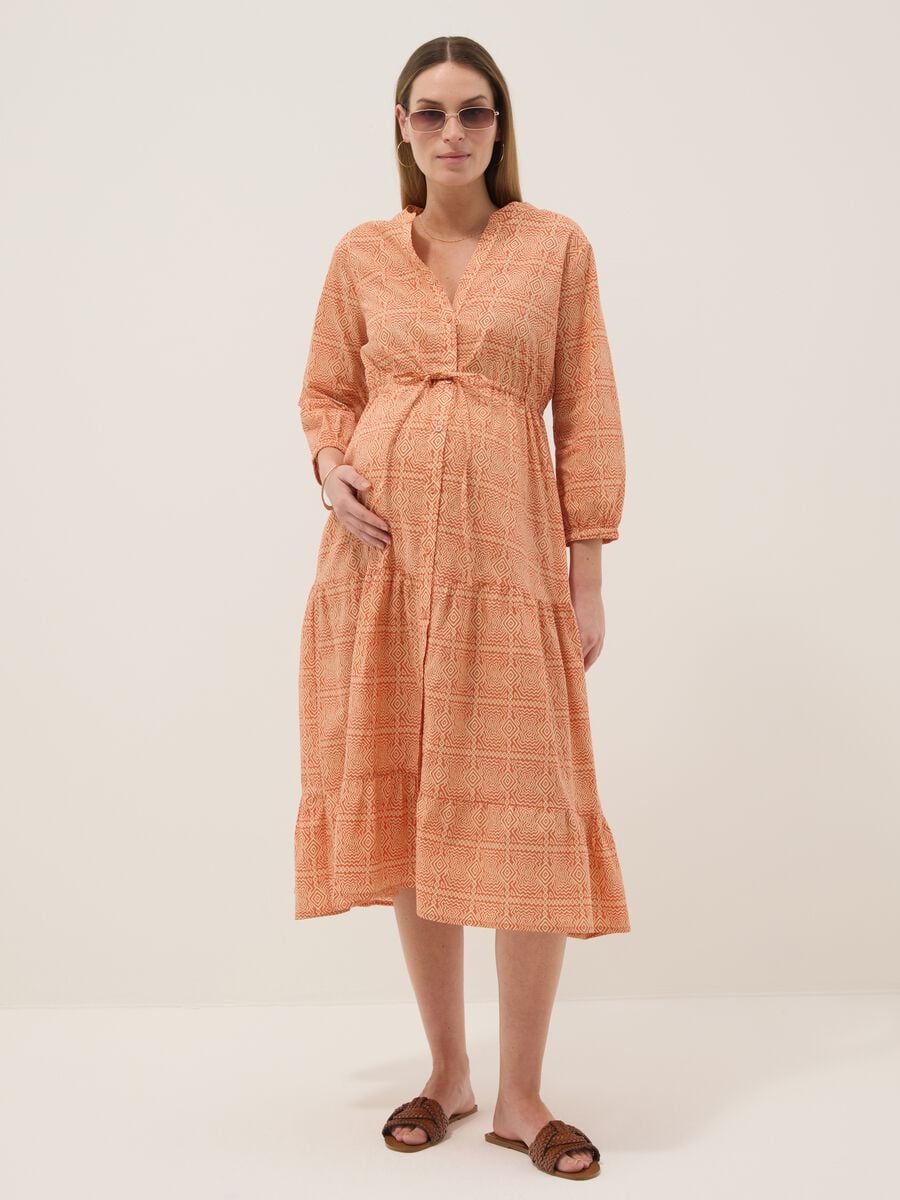 Orange maternity dress in pure cotton with geometric print_0