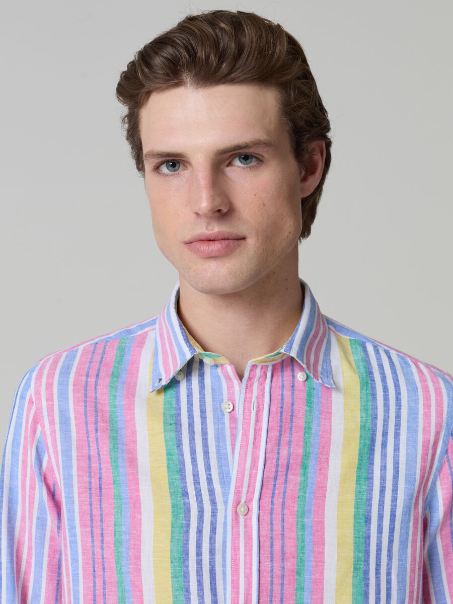 Linen and cotton shirt with multicoloured stripes_1