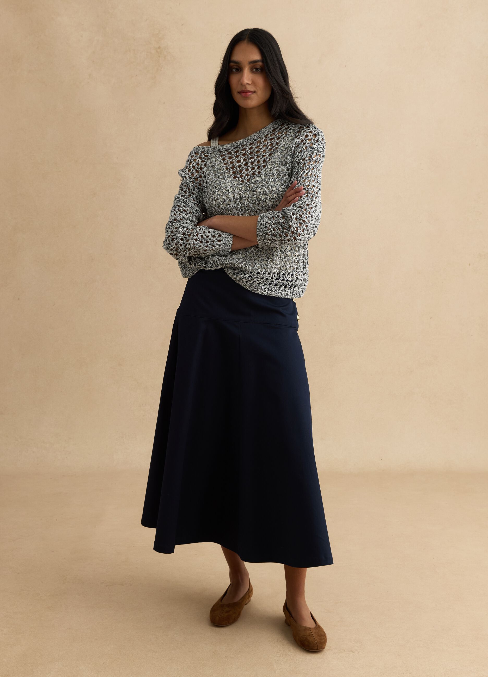 Grey cotton blend jumper with mesh pattern