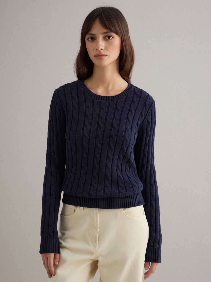 Blue sweater in pure cotton with regular fit and cable knit_1