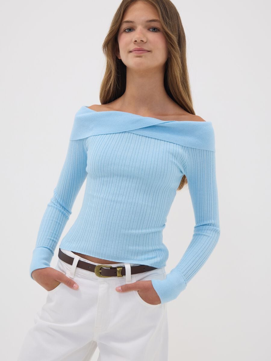 Blue viscose-blend fitted boat-neck top for girls_0