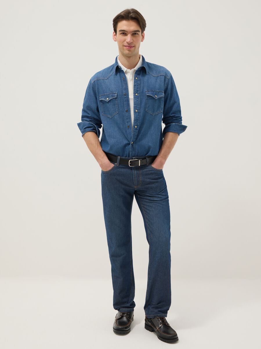 Blue denim regular fit pure cotton shirt with pockets_2