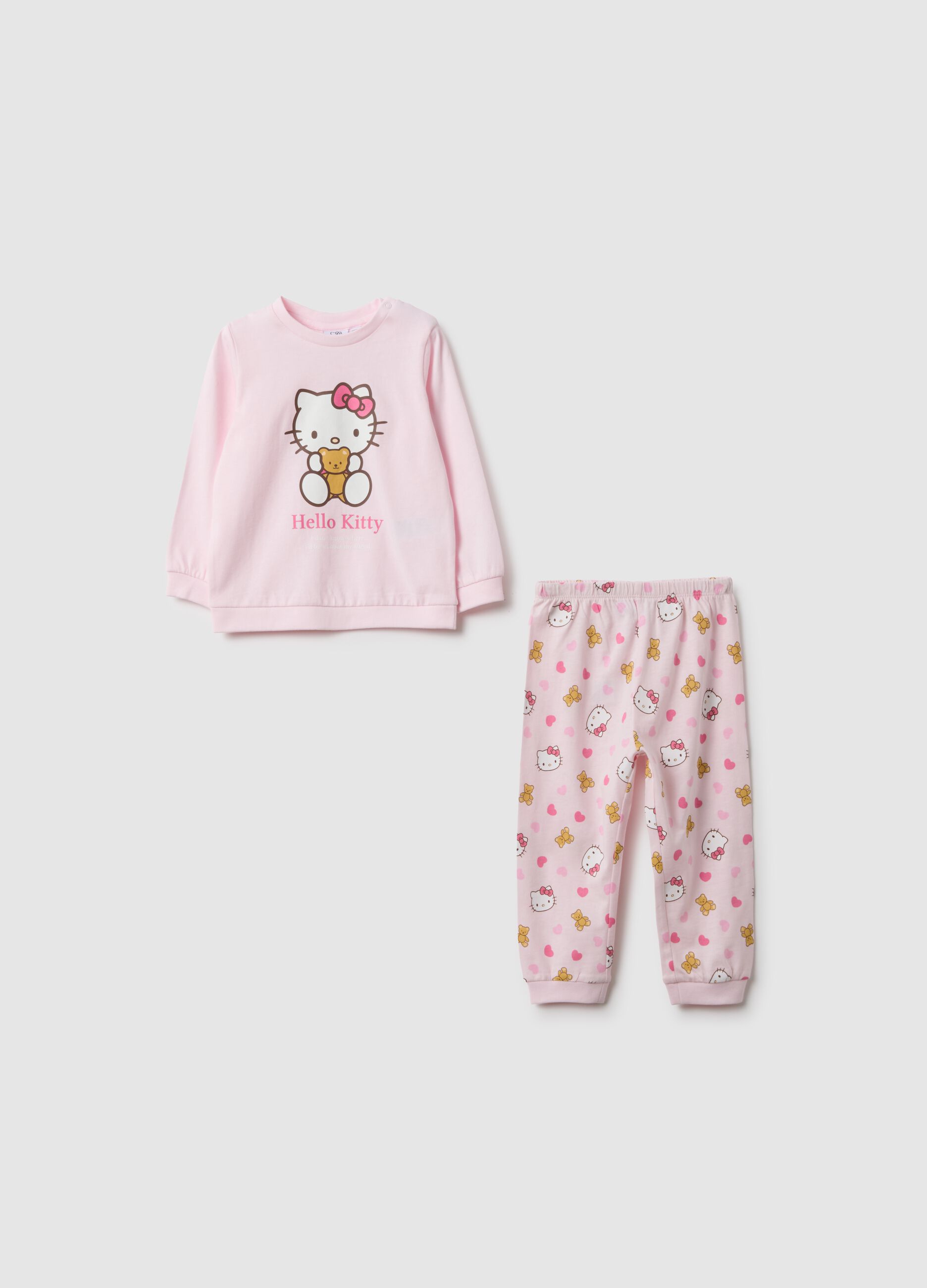 Pijama rosa regular fit de algod&atilde;o puro para beb&eacute; menina com estampado Hello Kitty